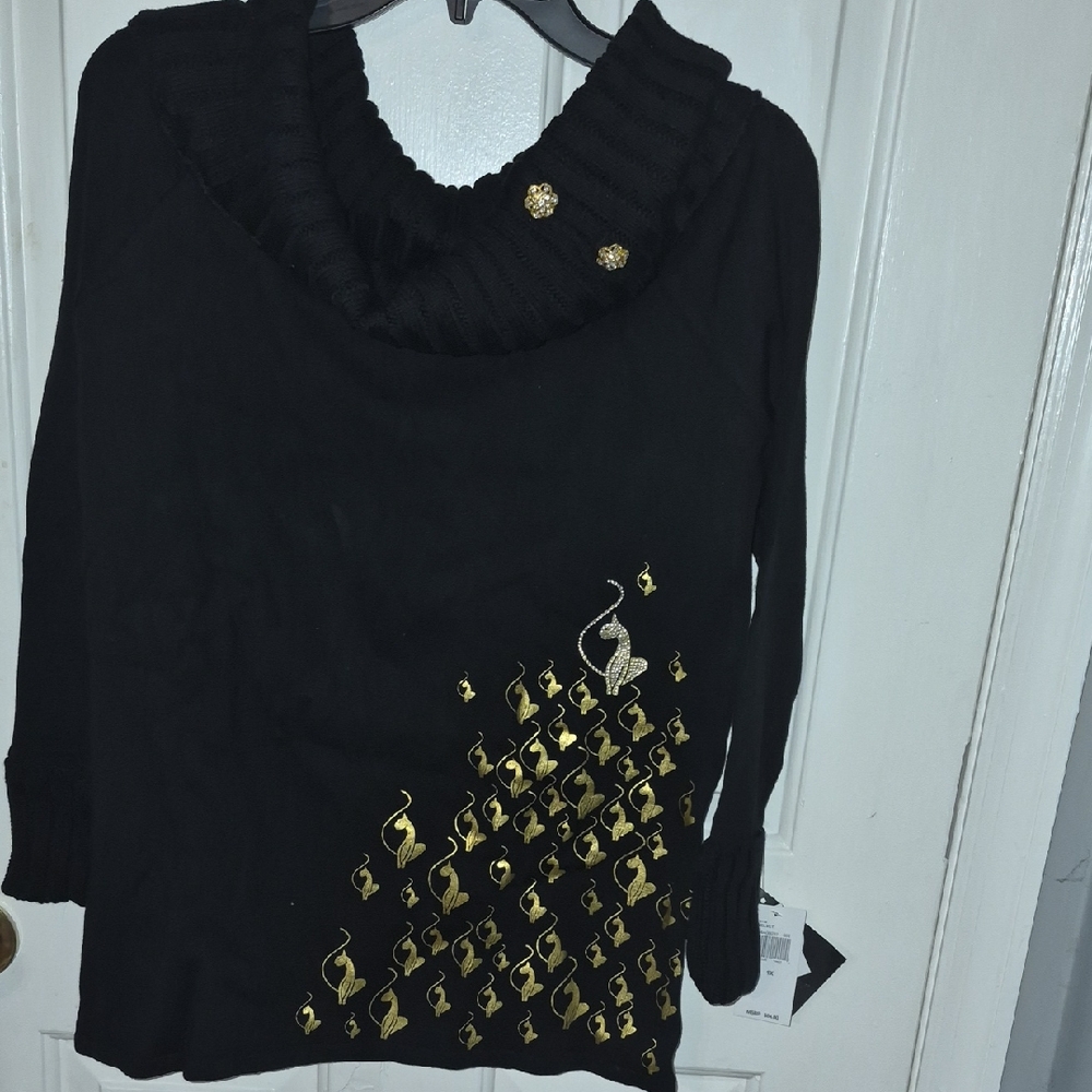 Baby Phat Vintage Cowl Neck Ribbed Sweater with Gold Cat Logo And Brooch Accents